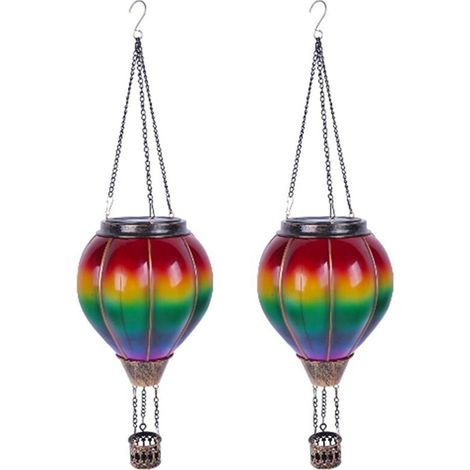 Adecuado para dos faroles solares con forma de globo aerostático, que se pueden colgar en exteriores y son ideales para decorar jardines, terrazas y porches.