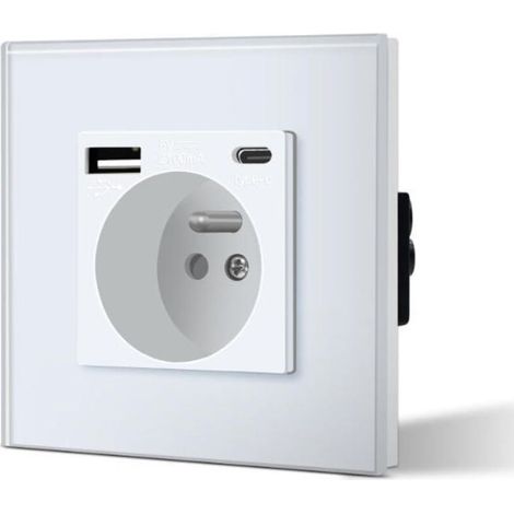 Prise murale française standard avec ports USB TypeC, boîtier PC blanc, 16A, pour recharge et alimentation (1/5)