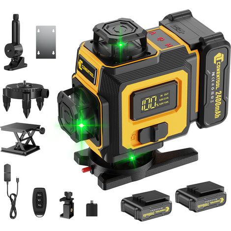 CONENTOOL Niveau Laser Auto-Nivelant Écran LCD 4x360° 16 Line Ligne Laser Verte Horizontal et Verticale 2x2400mAh batteries Avec télécommande et base et sac en tissu (1/5)