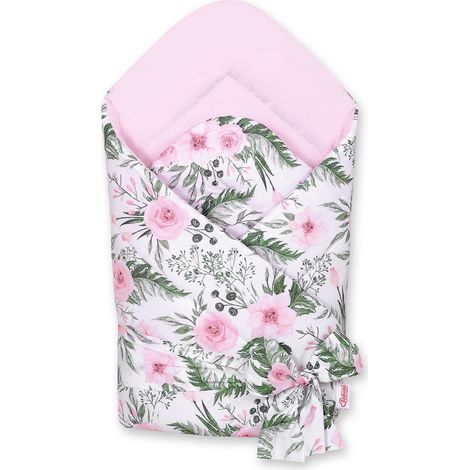 Morbida fascia bifacciale per neonati con lacci - peonie rosa