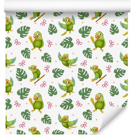 Papel pintado de loros blancos y verdes para salón y dormitorio, 50x1000 cm. (1/5)