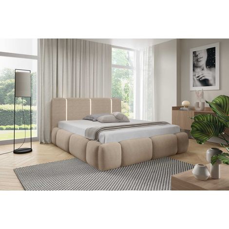 Emporius Lit rembourré 140x200 cm Avelin avec LED, sommier métallique, lit coffre, tissu bouclé - beige (1/5)