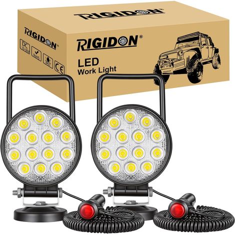 2x 10 cm 4 pouces 42W rond lampe de travail portable allume-cigare feux de travail aimanté, base magnétique, 12V 24V, câble de 3 mètres, phare, flood, pour offroad Voiture camions ATV SUV 4x4 (1/5)
