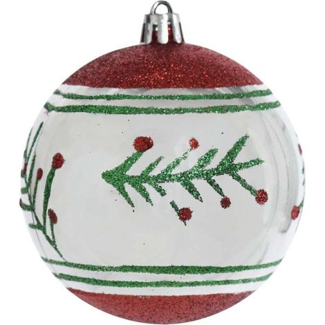 Sfera bianca decori verde/rosso 8 cm