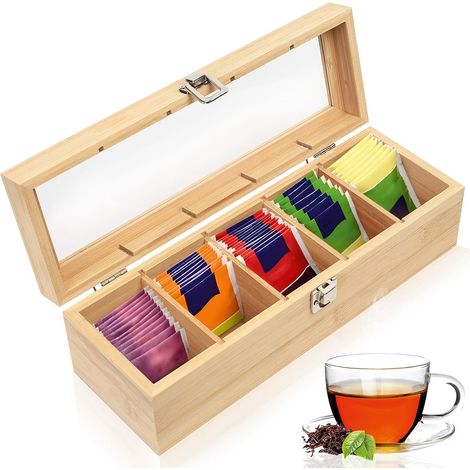 Boîte à thé en bois à cinq compartiments, grande taille avec couvercle, adaptée pour ranger sachets de thé, épices et café. Dimensions : 30 x 10 x 9 cm (1/5)