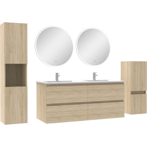 Ensemble meubles Salle de Bain 120cm double vasque + colonne + miroir rond mural Chêne Wotan