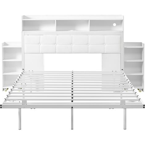Lit double 140 x 190 cm LED avec tête de lit, ports USB-C et USB, chevets escamotables, rangement intégré, structure métal blanche – CHICFURN (1/5)