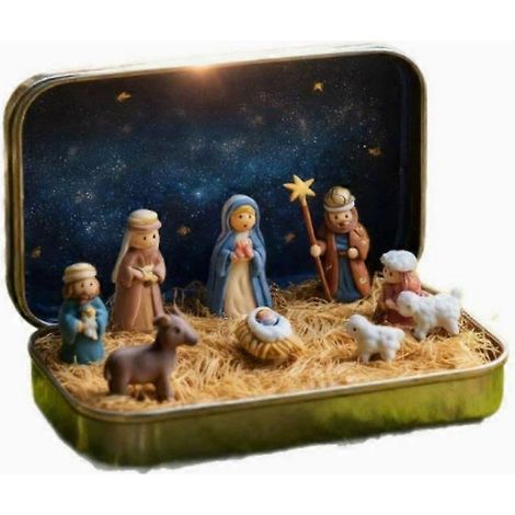Mini crèche de Noël dans une boîte en métal, scène de poche portable, cadeau idéal pour la décoration intérieure de Noël. (1/2)