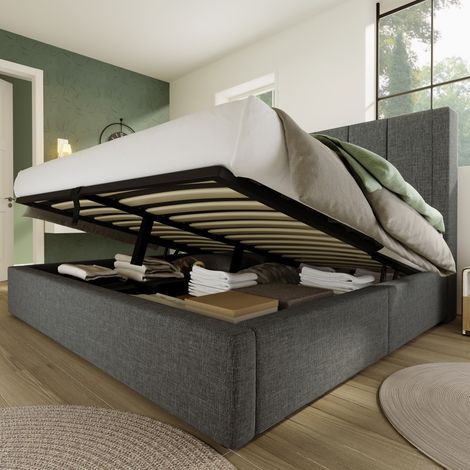 Lit coffre 140x190cm, lit double capitonné, gris, porte-gobelet, station de recharge dissimulés, lit hydraulique, sommier à lattes, Lin (sans matelas) (1/5)