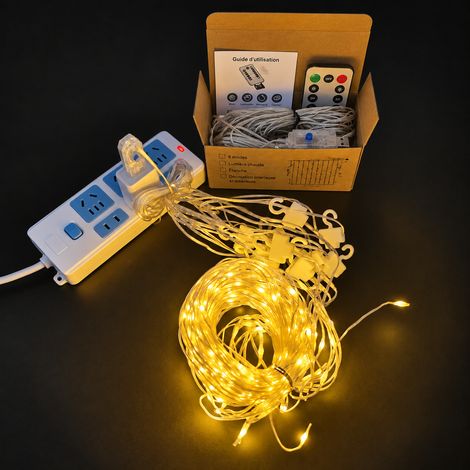 Rideau lumineux fil gainé blanc chaud 6x3 m 600 LED sans crochets avec télécommande 14,5 × 10 × 6 cm 180 g – Livraison gratuite
