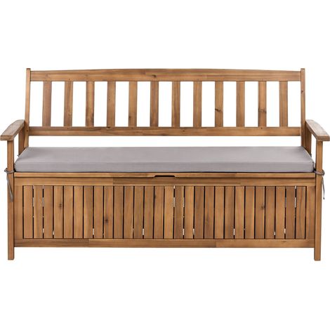 Outdoor Bench with Storage Brown Solid Acacia Wood Fabric 3 Seater 160 cm with Grey Cushion SOVANA (1/5)