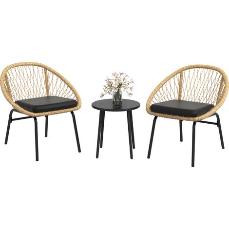 Rattan Terrassengarnitur, Gartenmöbel-Set, 2 Sessel & Tisch, Gelb
