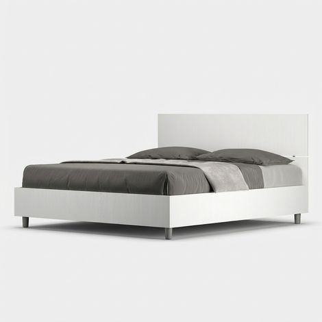 Französisches Doppelbett 140x190 mit gerader Holz-Kopfteil in Weiß Demas (1/5)