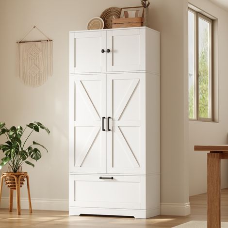MODFU – Aparador de almacenamiento 80x35x180 cm de MDF con 4 cajones, estantes regulables, antivuelco y carga 50 kg – Blanco (1/5)