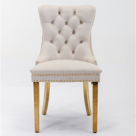 Chaise de salle à manger tuftée en velours beige avec pieds en acier inoxydable doré - Modèle contemporain en bois massif, lot de 2 (1/5)