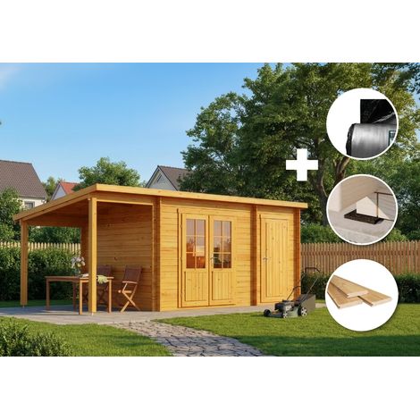 ECO Set - Abri de jardin Maria toit en pente avec annexe imprégné Pinie Imprégné, 28 mm Épaisseur paroi 598 x 272 cm (1/4)