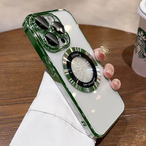 Custodia verde per iPhone 17 Pro Max con lente d'ingrandimento magnetica, rivestimento elettrolitico e protezione per lo schermo.