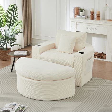 Canapé lounge modulable en velours côtelé beige avec pouf, rangement et porte-gobelet - CHICFURN (1/5)