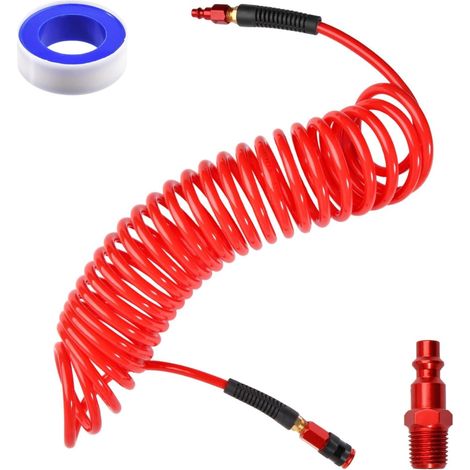 Tuyau d'Air Spirale Polyuréthane 6.35mm x 7.6m Flexible Avec Raccords Rapides Universels Aluminium Rouge Pour Compresseur Outils Pneumatiques (1/4)