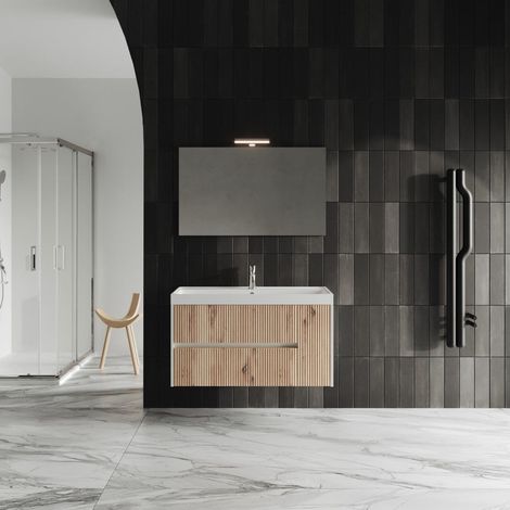 Mobiliario De Baño 100Cm Roble Dorado Ahumado Y Espejo 100X60  Cortina (1/5)