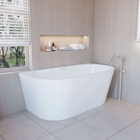Duschparadies Freistehende Badewanne 150x75cm Weiß Acrylwannen Badewannen Komplettset Vorinstalliertes Zubehör Inkl.Ab-/Überlauf