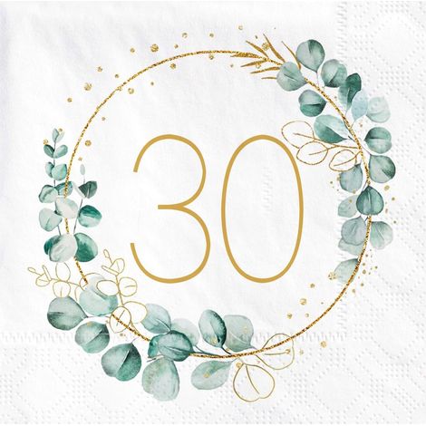 Serviettes En Papier - 40 Pièces - Vert Eucalyptus - Motif 30 Ans - Décoration De Table - 33x33 Cm (1/5)