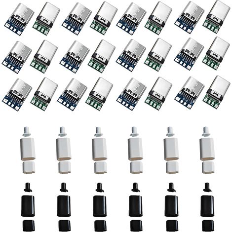 Lot de 12 connecteurs et 12 prises femelles USB 3.1 type C mâle 24 broches mâle et femelle type SMT avec platine de connecteurs USB Carte de dérivation mâle avec boîtier noir et blanc (1/5)