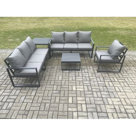 Fimous Aluminium 7 Seater Outdoor Garden Furniture Lounge Sofa Set with Square Coffee Table Chair Side Table Dark Grey (1/5)