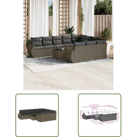 vidaXL 11-tlg. Garten-Sofagarnitur mit Kissen Hellgrau Poly Rattan