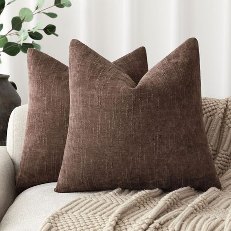 Lot de 2 housses de coussin décoratives en chenille douce texturée, couleur unie neutre, style champêtre, pour canapé, fauteuil, chambre à coucher, salon, 45 x 45 cm, rouge marron (1/5)