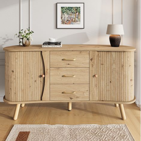 Aparador de MDF natural 150 x 36,5 x 75 cm con 2 puertas correderas, 3 cajones y baldas regulables (1/5)
