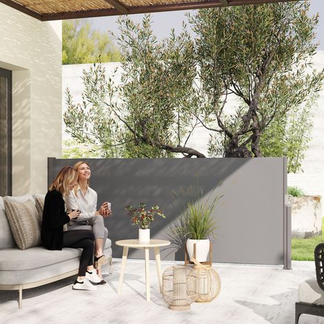 Store latéral extensible, brise-vue opaque avec fixation murale, revêtement, 300 x 140 cm, gris foncé
