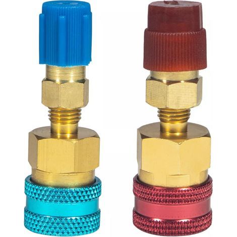 Der Schnellanschlussadapter für die Niederdruckseite von Kfz-Klimaanlagen besteht aus einer Aluminiumlegierung und misst 70 x 20 mm (erhältlich in Rot, Blau und Gold). (1/5)