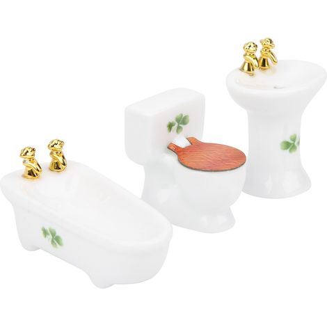 Ensemble de salle de bain miniature pour maison de poupée à l'échelle 1/24, baignoire, toilettes et lavabo en céramique, motif trèfle à quatre feuilles (1/5)