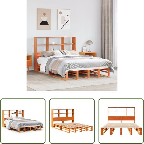 vidaXL Rangement chambre -  Lit bibliothèque sans matelas cire marron 160x200cm bois massif (1/5)