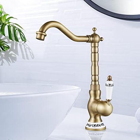 Robinet de Lavabo Rétro, Robinet Salle Bain en Laiton Bronzé, Haut Mitigeur Lavabo bec Pivotant à 360°, Eau Chaude et Froide Disponible, G3/8 (1/5)