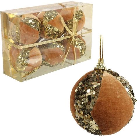 Set di 6 palline di Natale in velluto dorato con paillettes da 7 cm - Palline di plastica per l'albero di Natale (1/5)