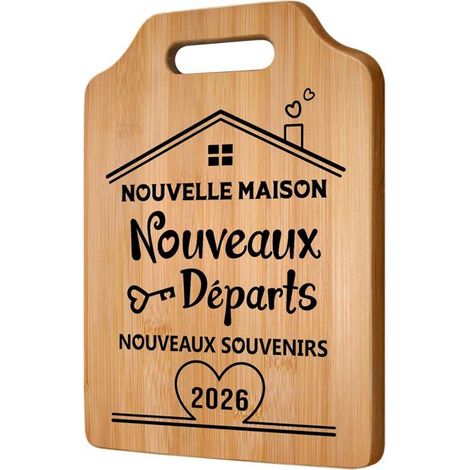 Planche à découper - 1 pièce - Bambou naturel - Gravure « Nouveau départ » - Cadeau de pendaison de crémaillère - 31 x 22 (1/5)