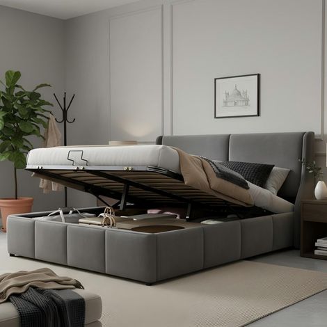 Letto contenitore matrimoniale 140x190 cm, con sollevamento idraulico, in velluto grigio, senza materasso (1/5)