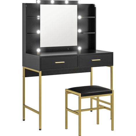 Coiffeuse avec tabouret 90 x 45 x 132,5 cm éclairage 10 ampoules rangement 2 tiroirs moderne design en mélamine noir (1/5)