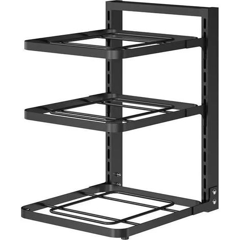 Étagère de rangement pour casseroles à trois niveaux, robuste et renforcée, coins arrondis, dimensions 43x27x23 cm.