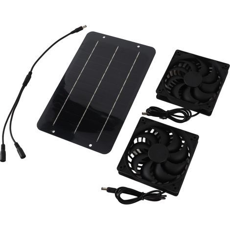 Solar panel fan kit, dual 10W powered fans, for chicken coop, greenhouse, dog house, with protective netting (1/5)