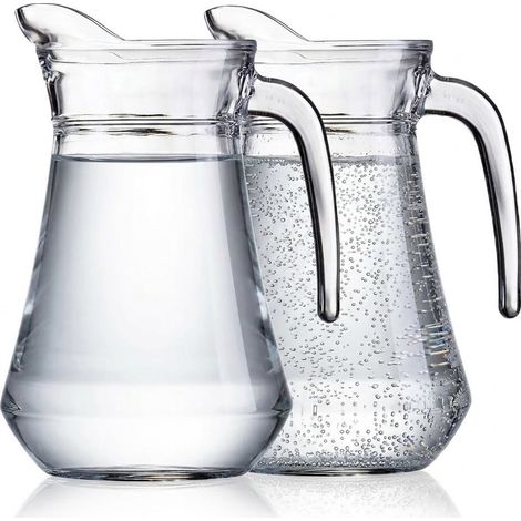 Set 2 Brocche in Vetro Trasparente 1 Litro con Manico e Beccuccio Salvagoccia Caraffe antigoccia per Acqua Vino Succhi e Bevande 12x16x20 cm per Tavola Casa e Ristorazione (1/5)