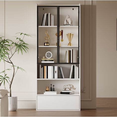 Vitrine 80x34x180 cm avec LED, 1 tiroir et portes en verre, meuble de rangement pour salon, MDF blanc (1/5)