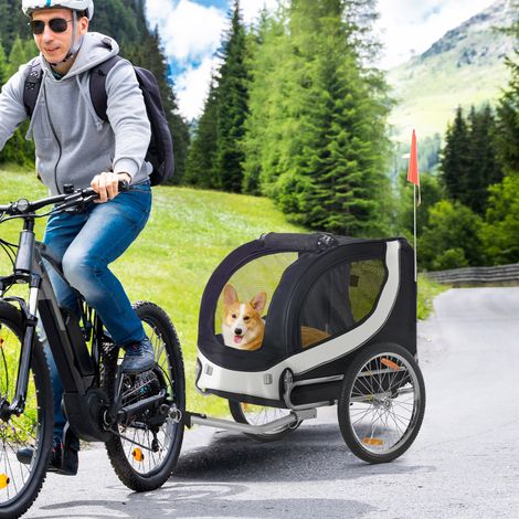 Remorque velo pour chien animaux comprenant drapeau et 8 reflecteurs blanc et noir
