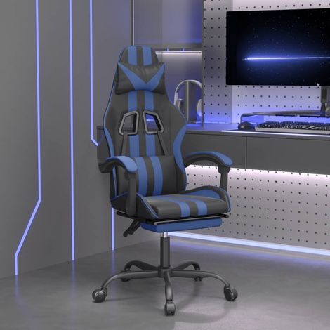 Fauteuil gamer pivotante et repose-pied Chaise de bureau - Fauteuil de jeu Noir et bleu Similicuir BonneVie-50881 (1/5)