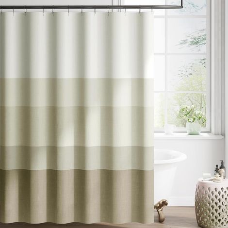 Rideau de douche à dégradé – 180×180 cm – tissu textile lavable – design moderne à rayures colorées – polyester déperlant (Beige) (1/5)