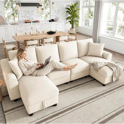Sofá modular 5 plazas con almacenaje, tapizado en chenilla, color beige