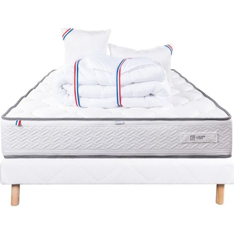 Ensemble Matelas Iris (20 cm) mousse haute densité, ferme, face été/hiver, Sommier blanc (13cm), Oreiller et Couette, 160x200cm (1/5)