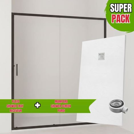 Pack Mampara Ducha Frontal Corredera + Fijo con Perfil inferior / negro mate 140 cm y Plato blanco irrompible ultraligero antideslizante 140X70cm